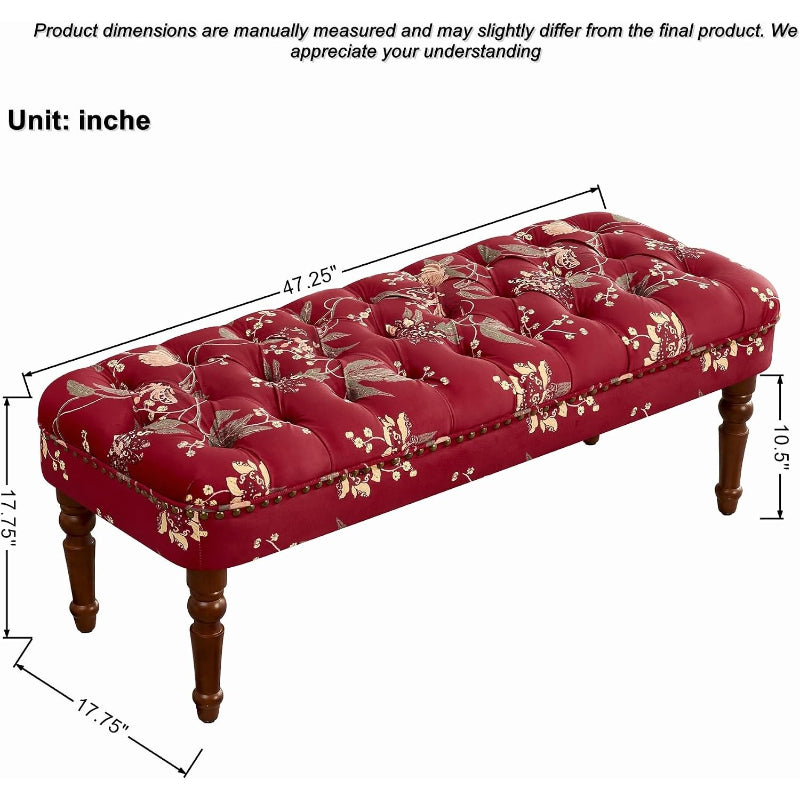 47.25" Red Floral Velvet French Victorian Bench