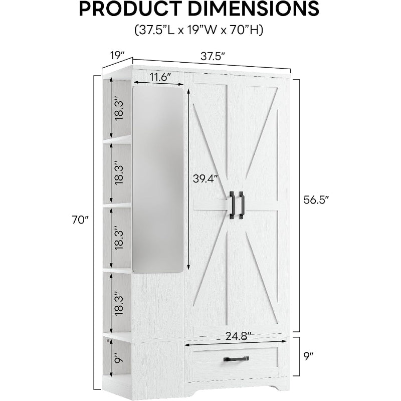 70" White Freestanding Wardrobe with Mirror & Drawer