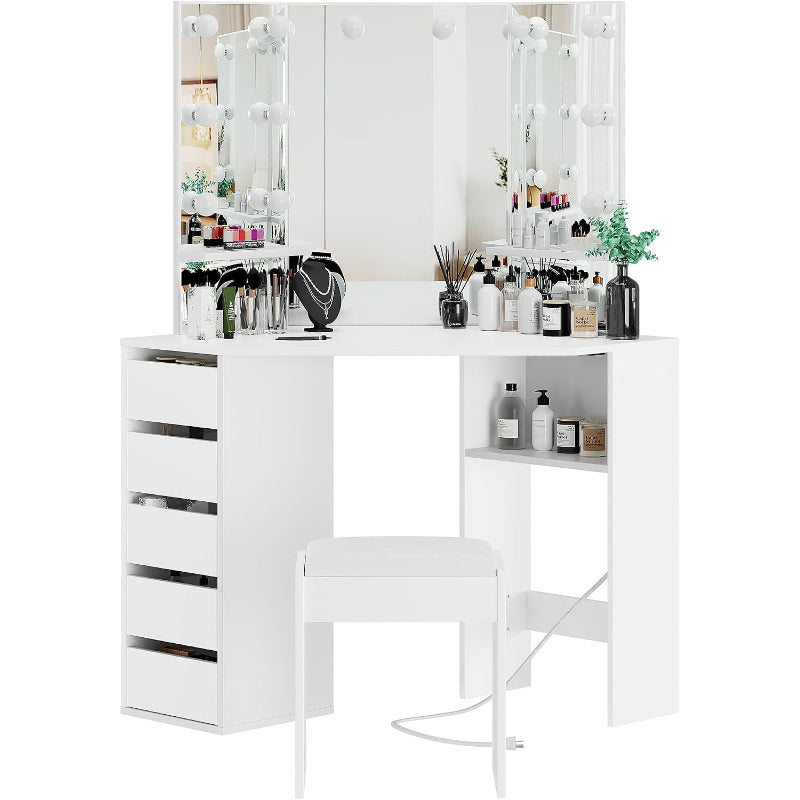 Corner Vanity & Bench, 3‑Folding Lighted Mirror