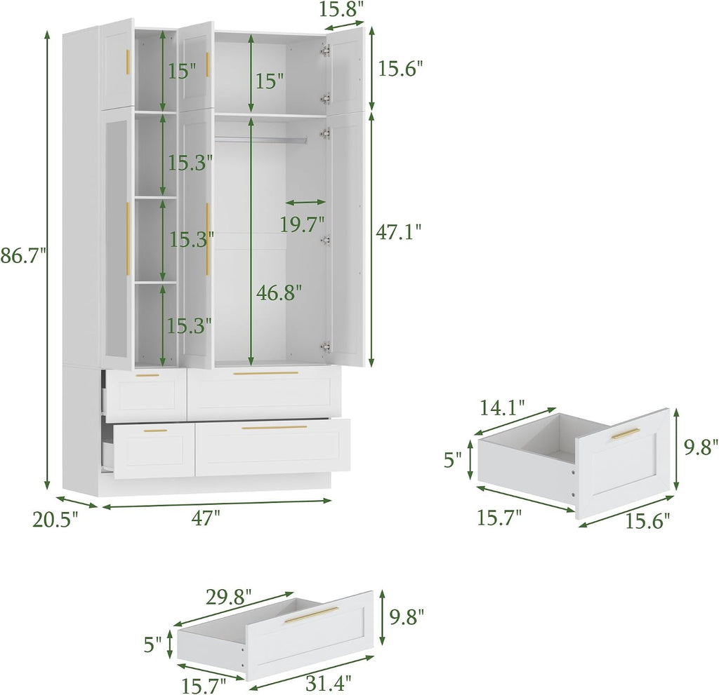 86.7" White 6‑Door Wardrobe with Mirror & 4 Drawers