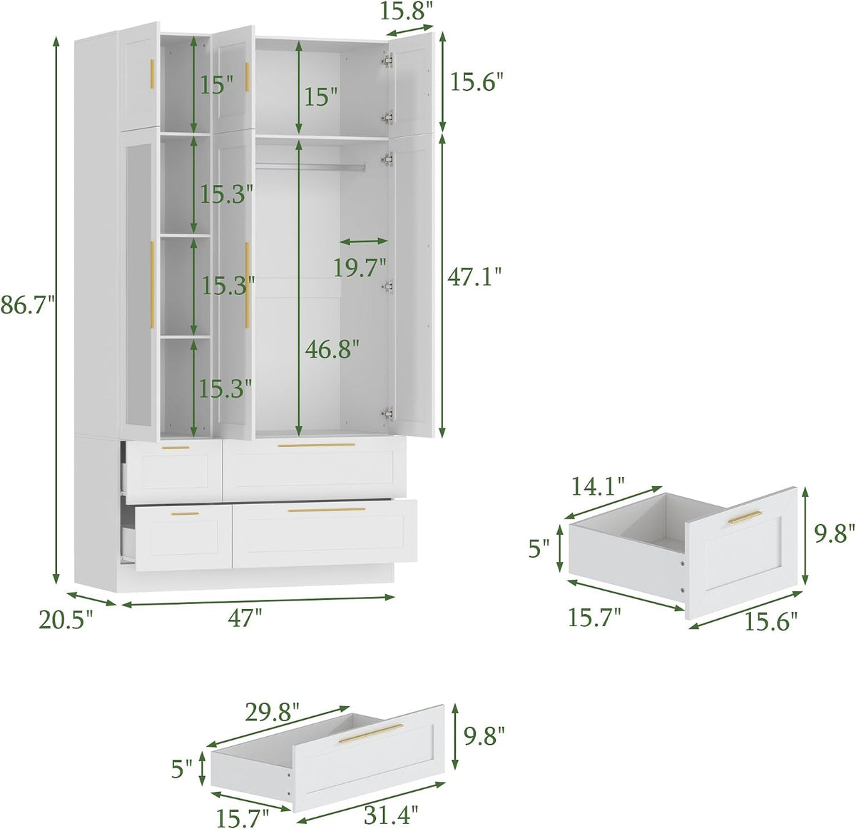 86.7" White 6‑Door Wardrobe with Mirror & 4 Drawers