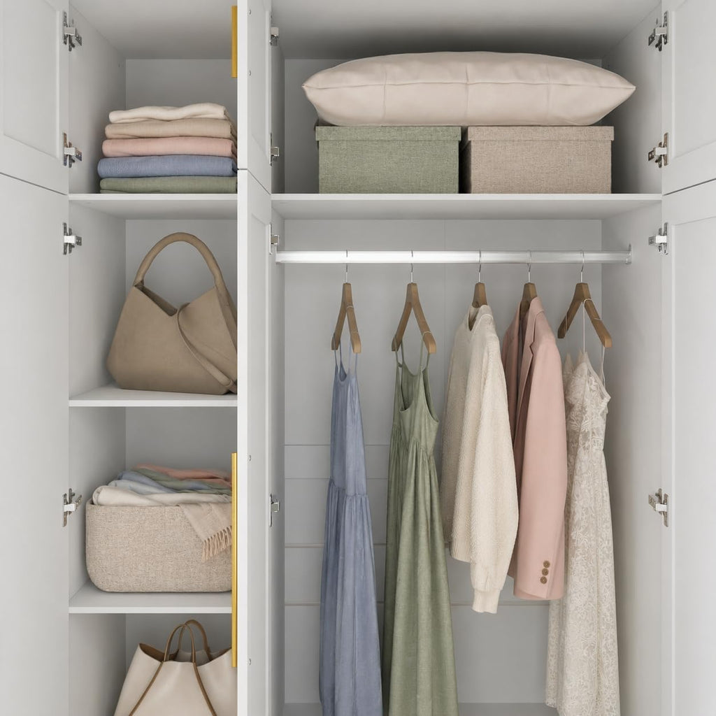 86.7" White 6‑Door Wardrobe with Mirror & 4 Drawers