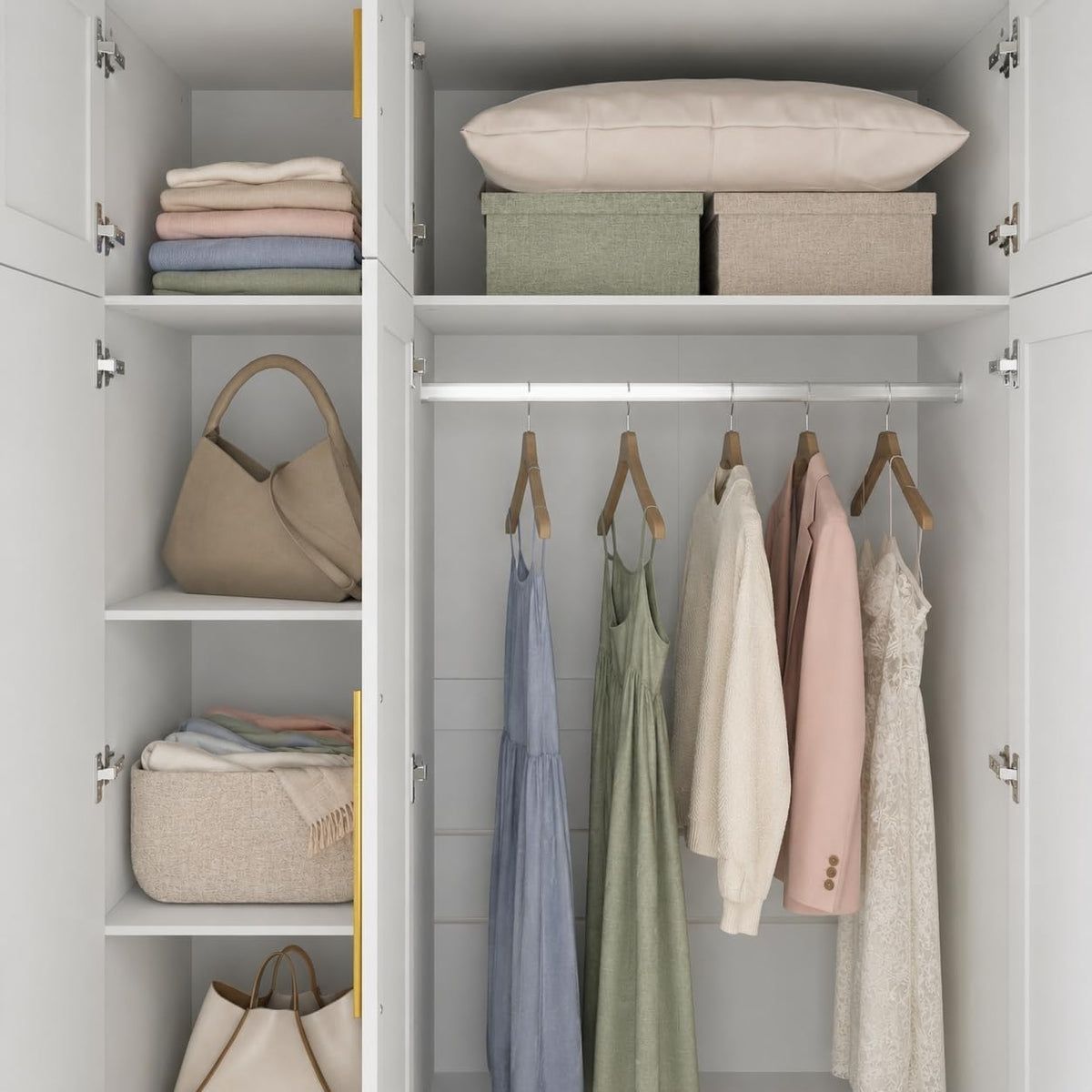 86.7" White 6‑Door Wardrobe with Mirror & 4 Drawers