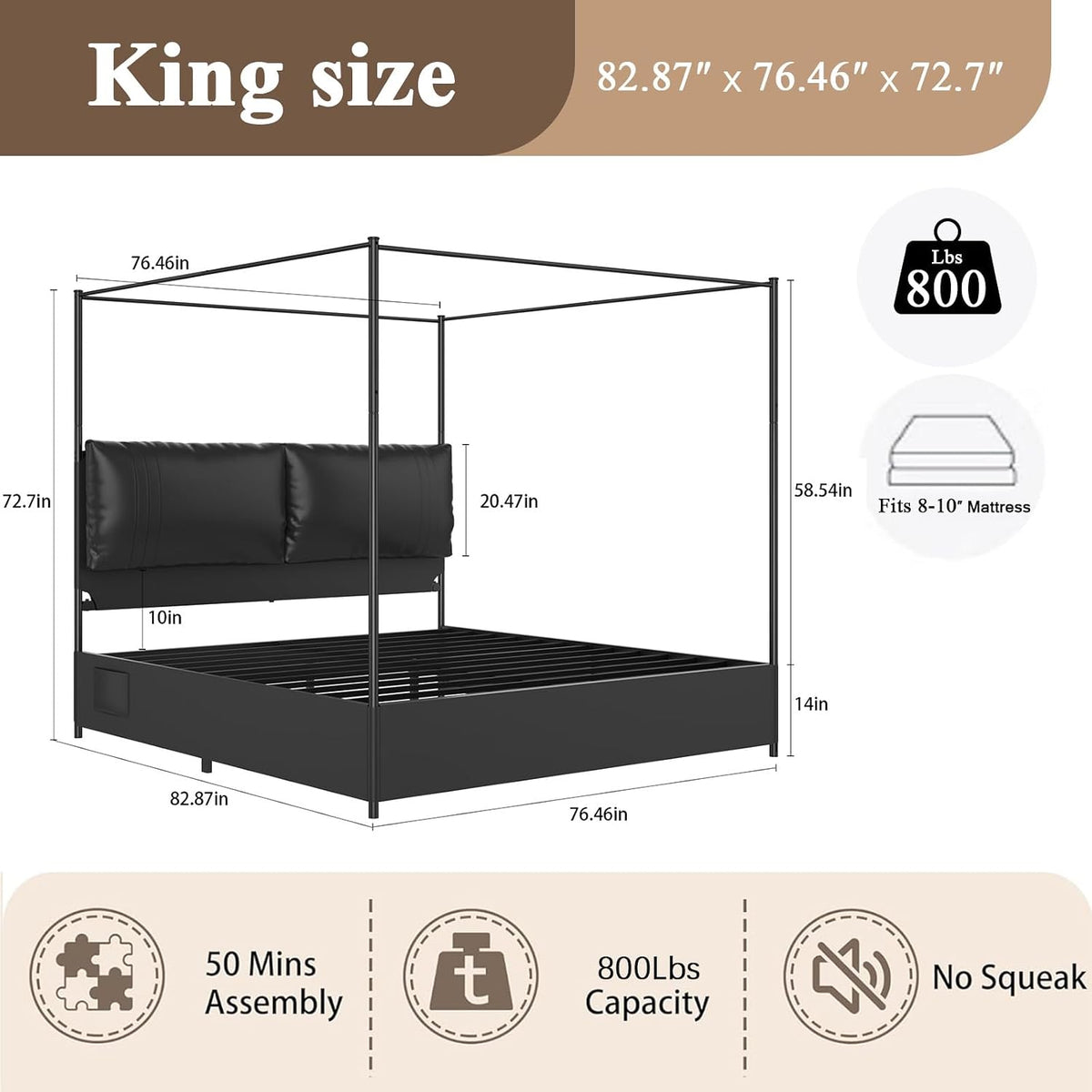 King Canopy Bed with Tall Faux Leather Headboard