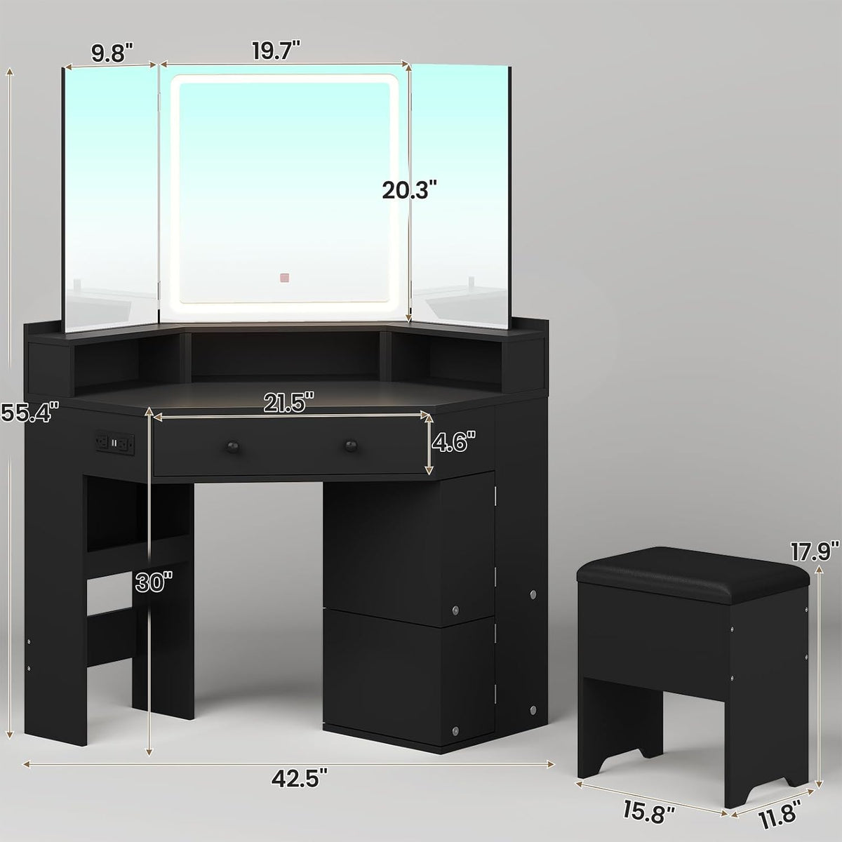 Black Corner Lighted Vanity Desk & Bench