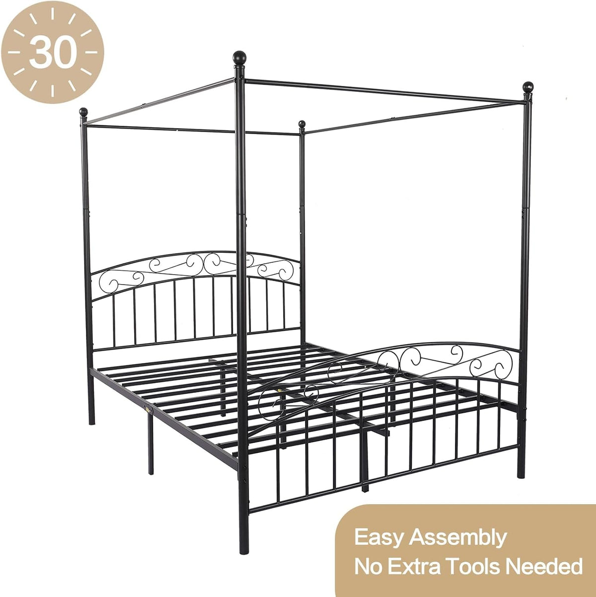 Queen Metal Canopy Bed with Headboard & Footboard