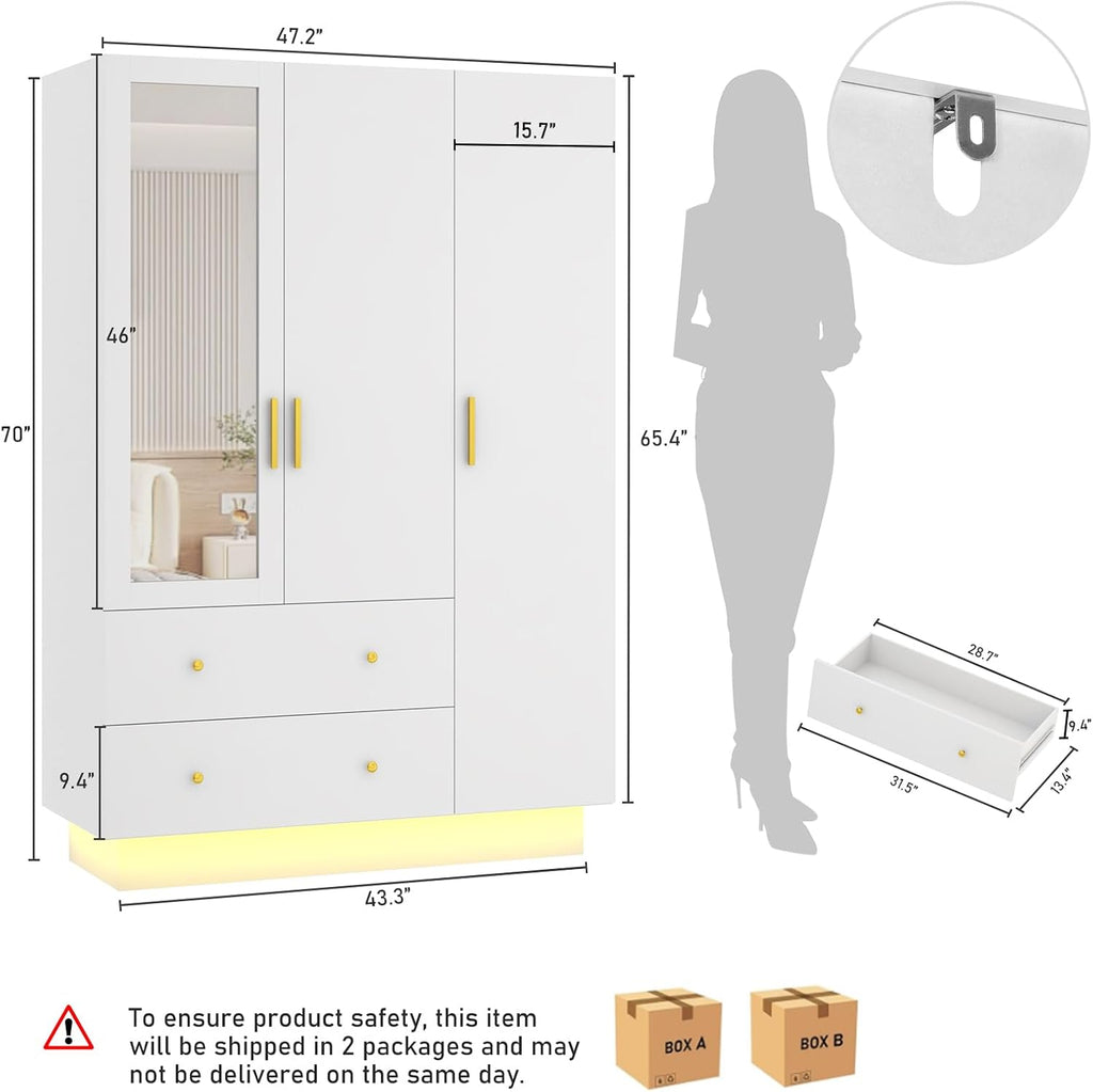 3‑Door Wardrobe with Mirror & LED Lights