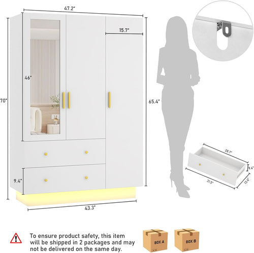 3‑Door Wardrobe with Mirror & LED Lights