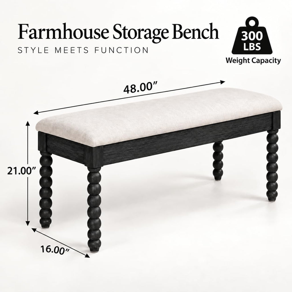 48" Black Upholstered Entry Storage Bench