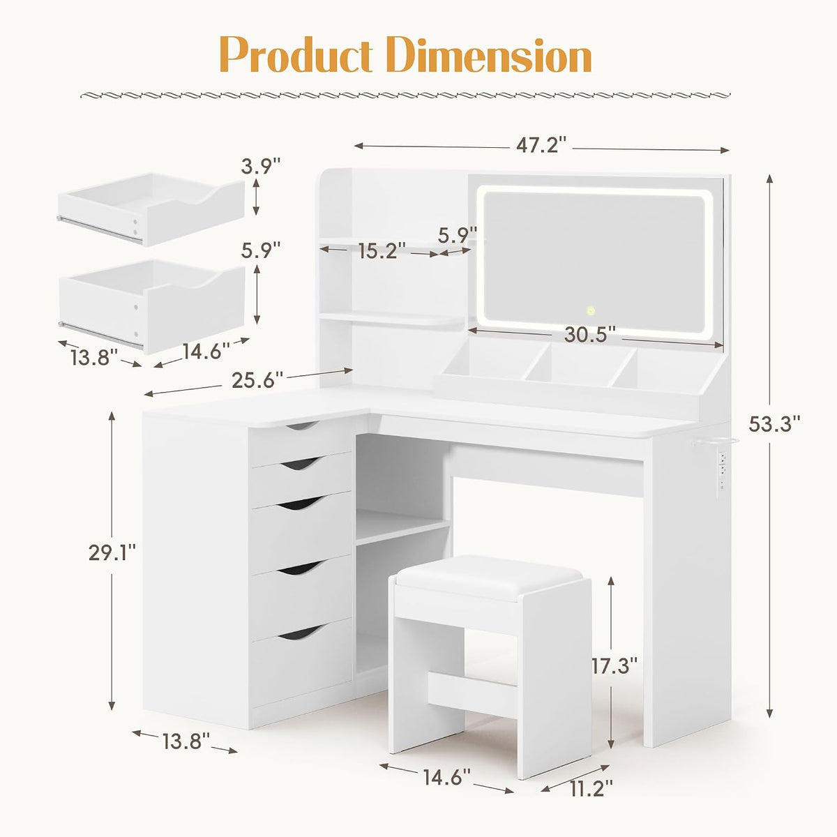47.2" L‑Shaped Lighted Vanity Desk