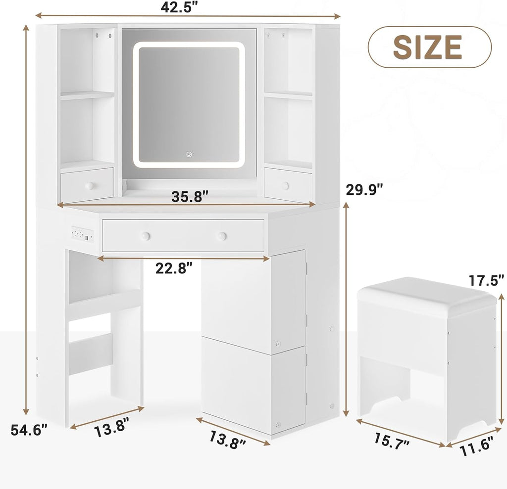 White Corner Lighted Vanity Desk With Stool