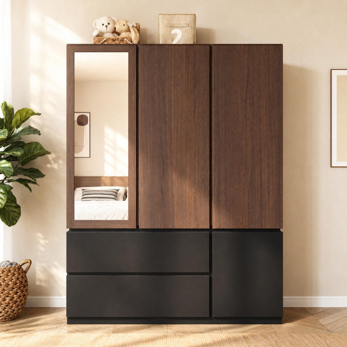 3‑Door Walnut & Black Wardrobe with Mirror & Drawers