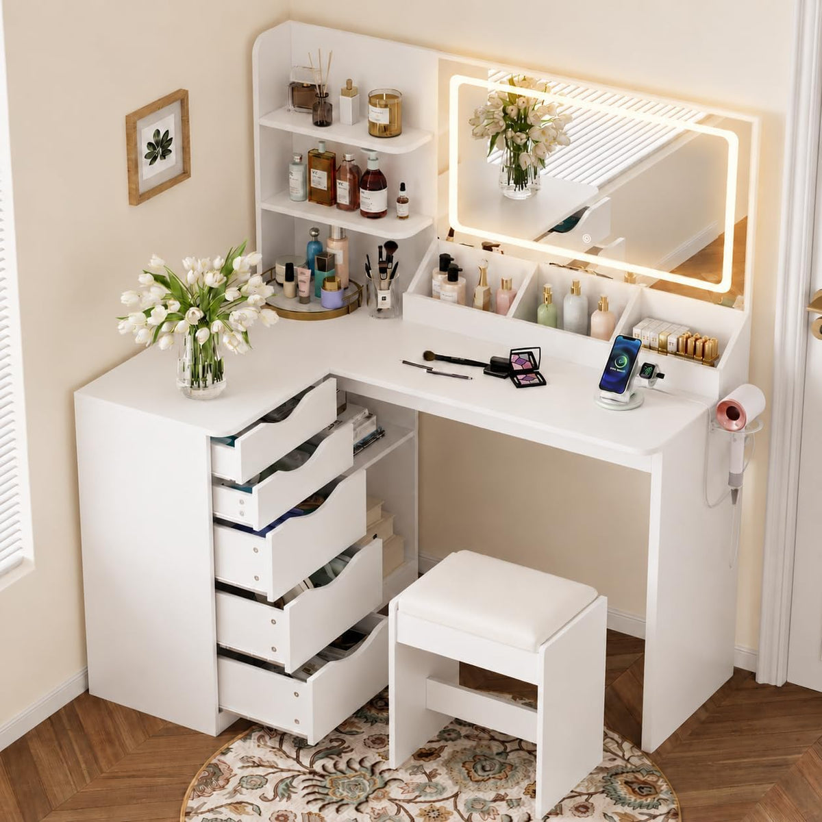47.2" L‑Shaped Lighted Vanity Desk