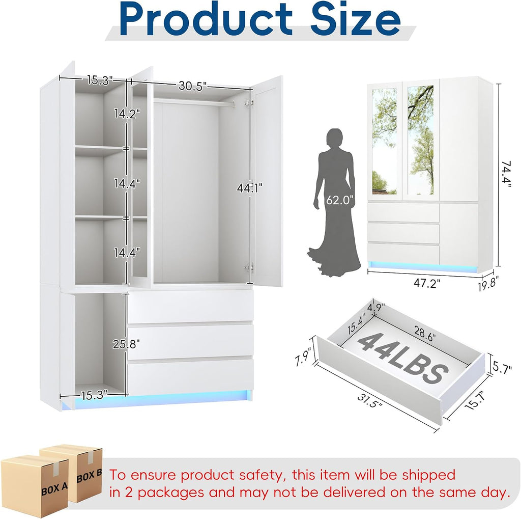 75" White Wardrobe with 2 Mirrors & LED Lights