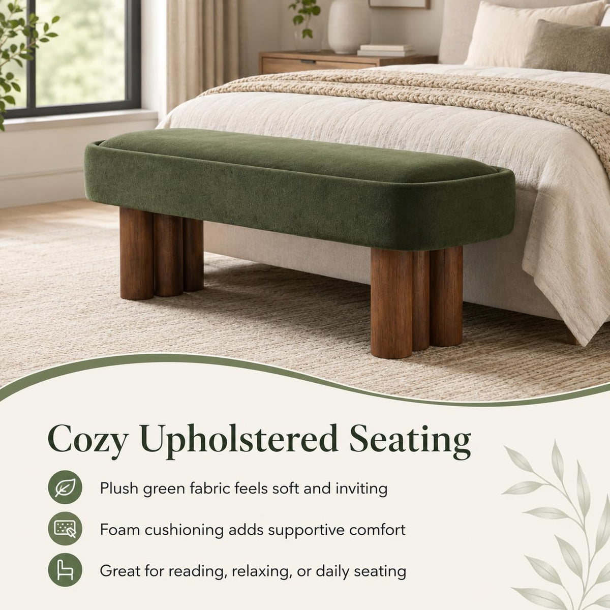 60'' Green Upholstered Dining Bench with Wood Legs