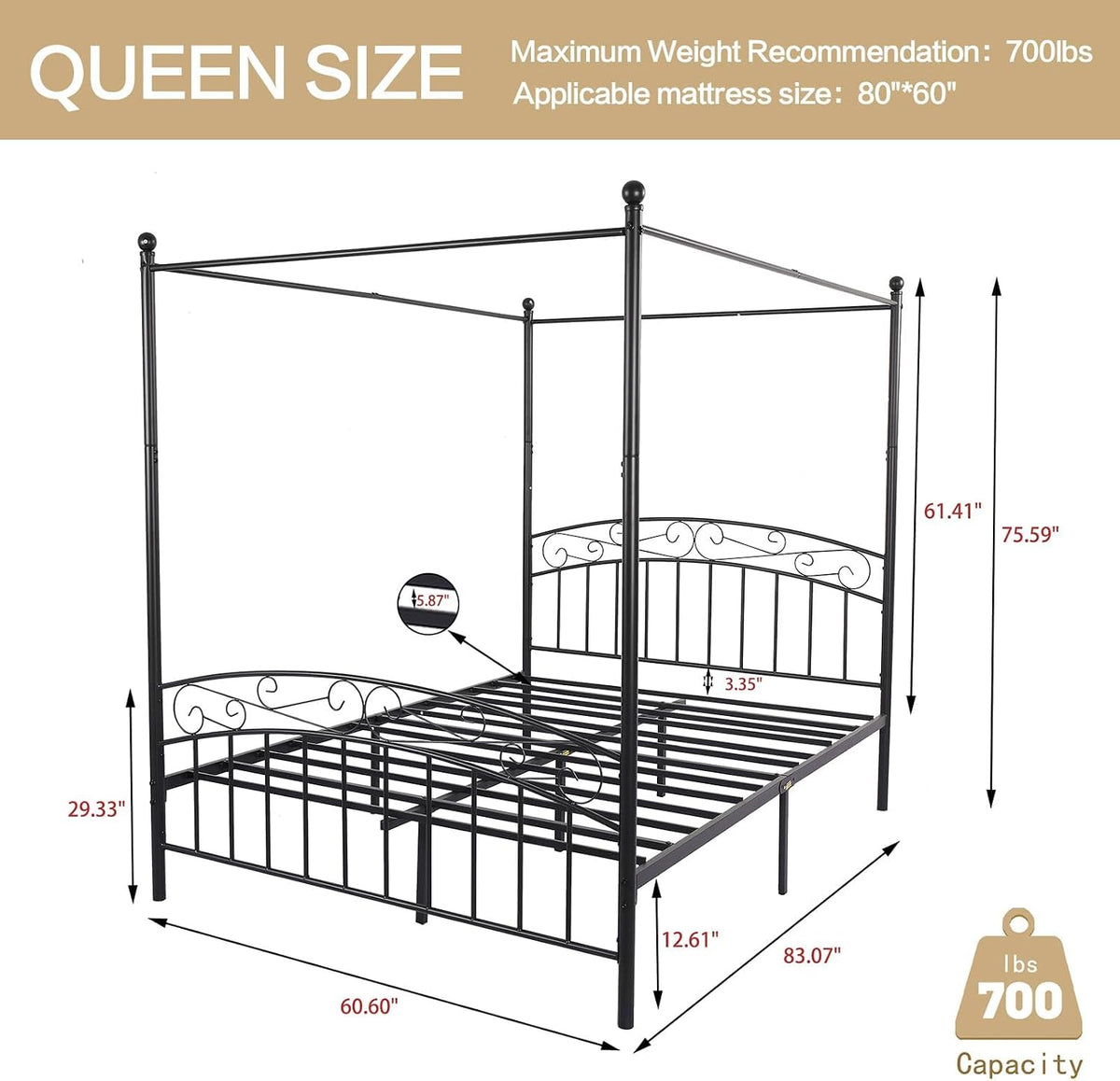 Queen Metal Canopy Bed with Headboard & Footboard