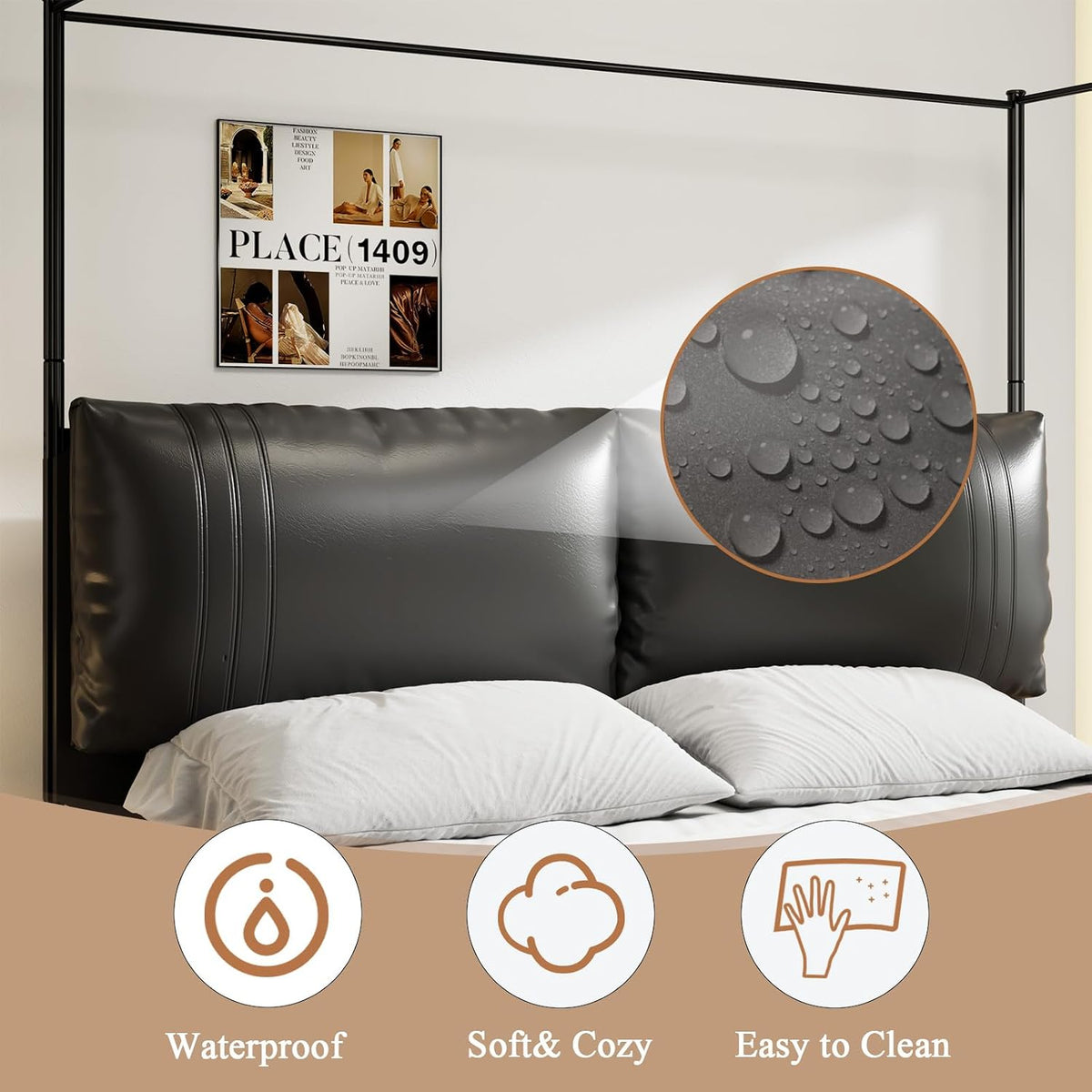King Canopy Bed with Tall Faux Leather Headboard