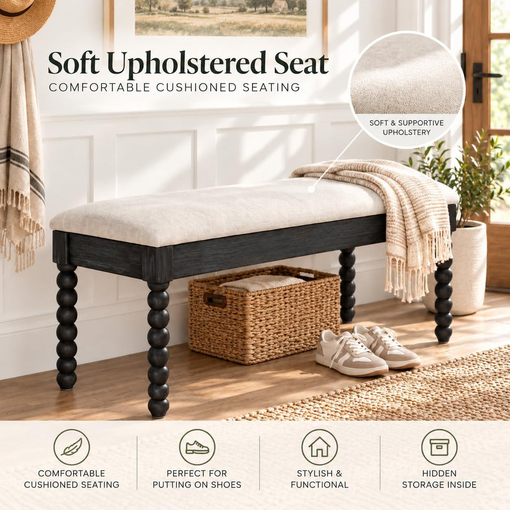 48" Black Upholstered Entry Storage Bench