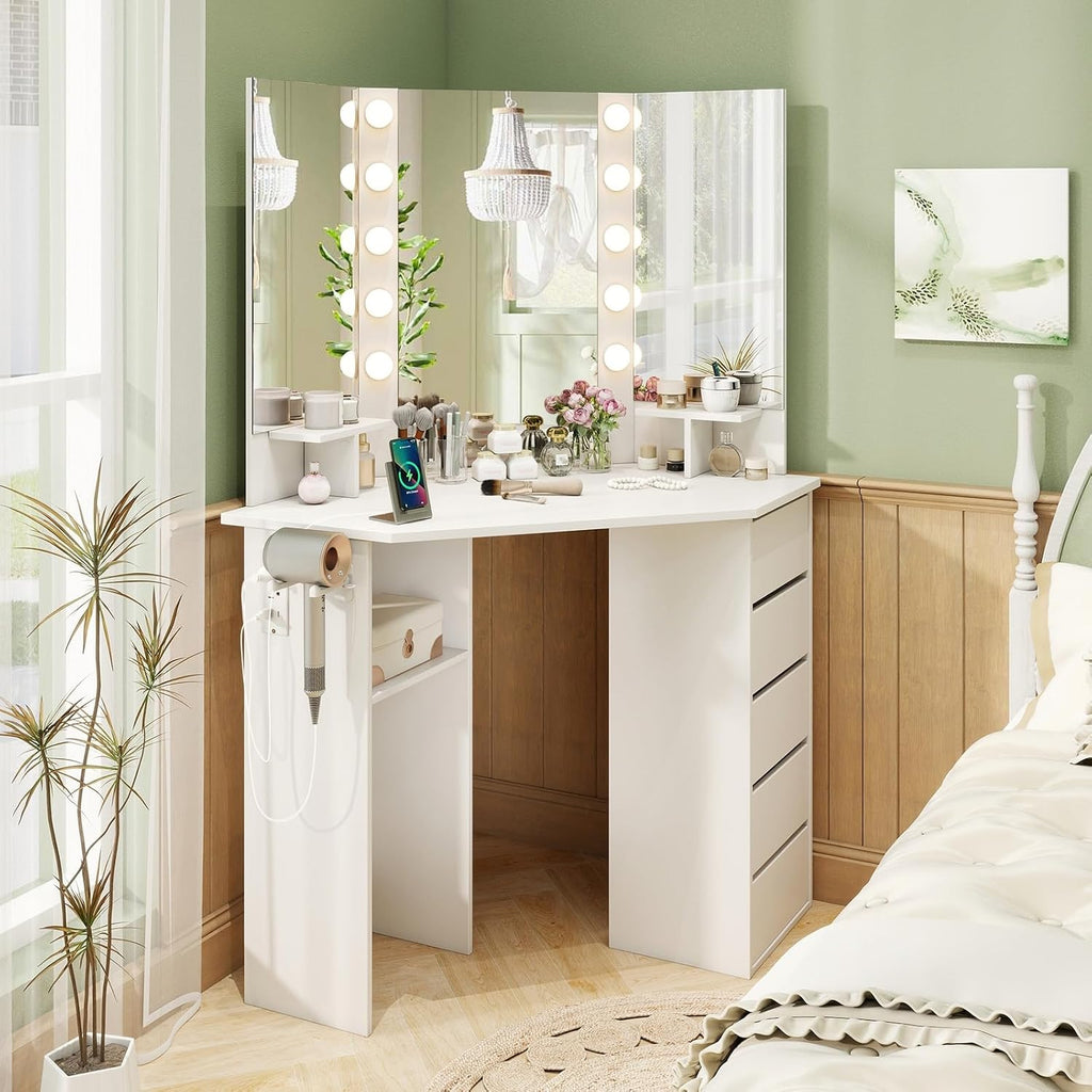 Compact Corner Lighted Vanity Desk, 5 Drawers