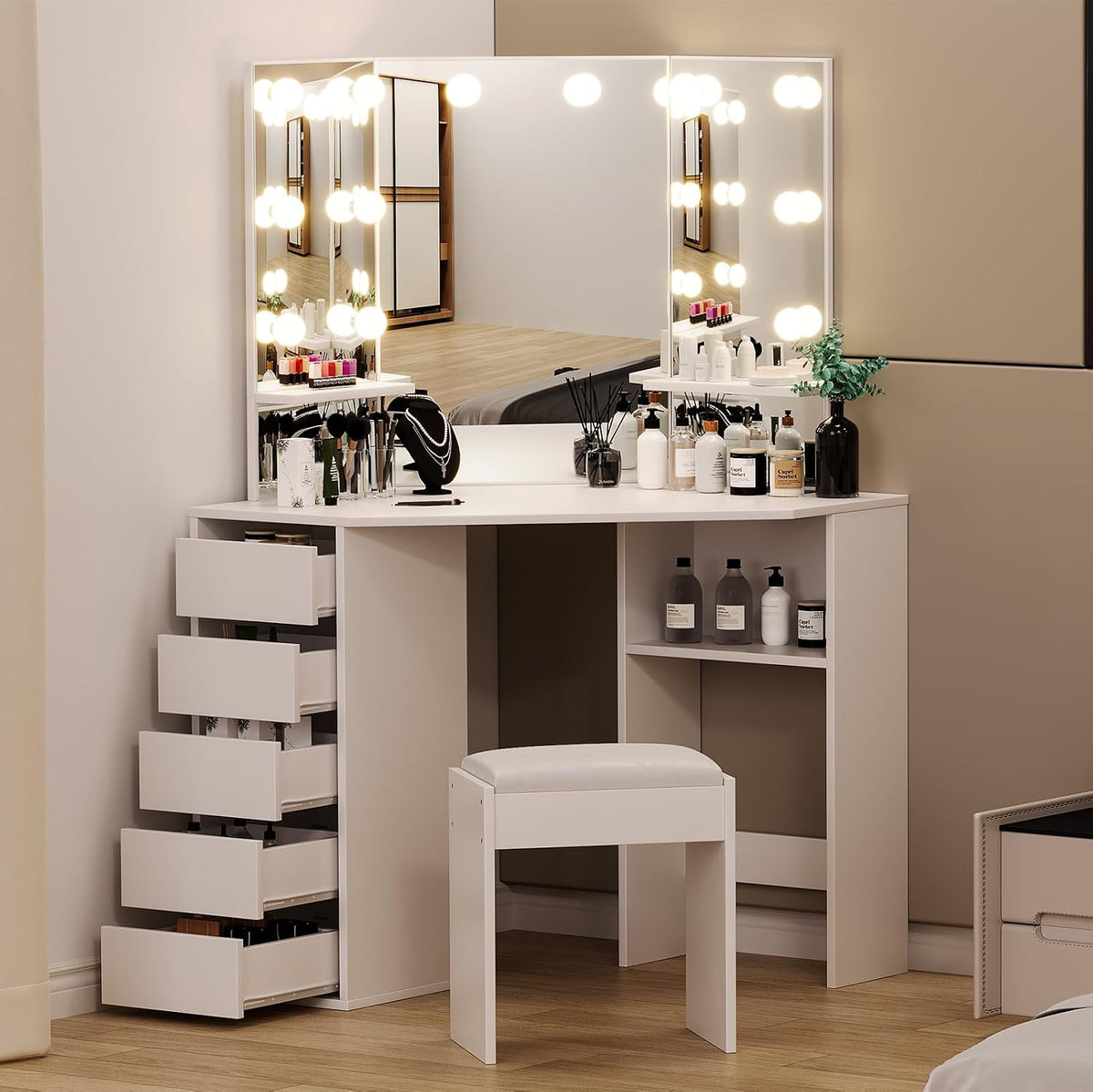 Corner Vanity & Bench, 3‑Folding Lighted Mirror