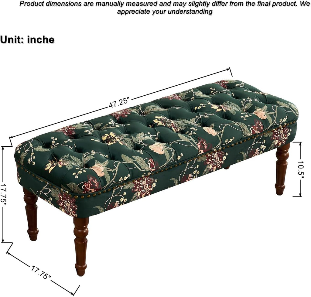 47.25" Green Vintage Floral Ottoman Bench