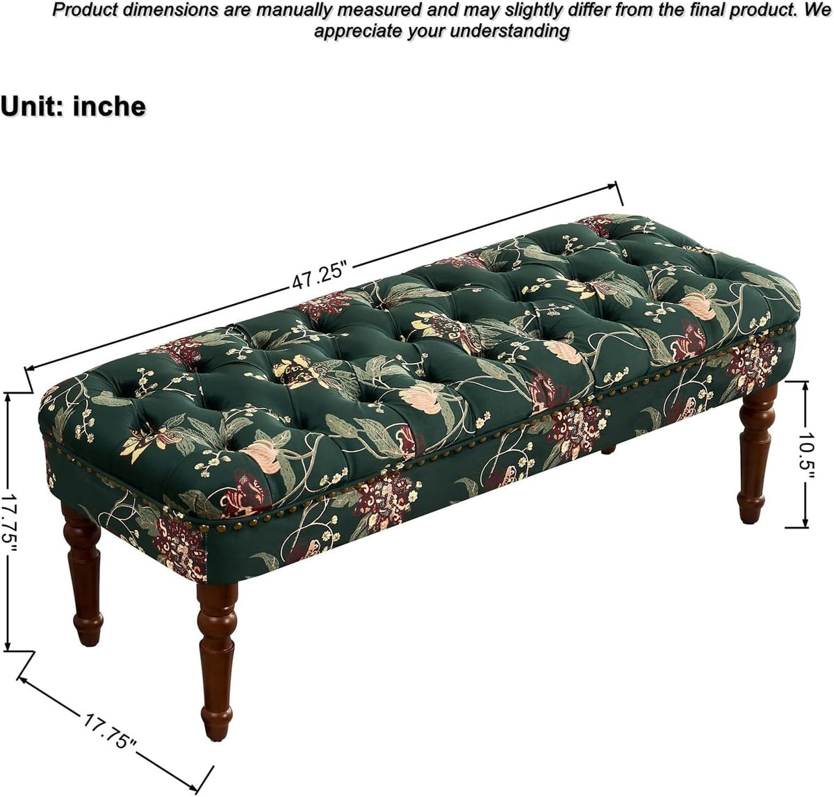 47.25" Green Vintage Floral Ottoman Bench