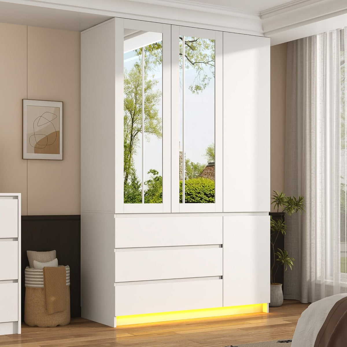 75" White Wardrobe with 2 Mirrors & LED Lights