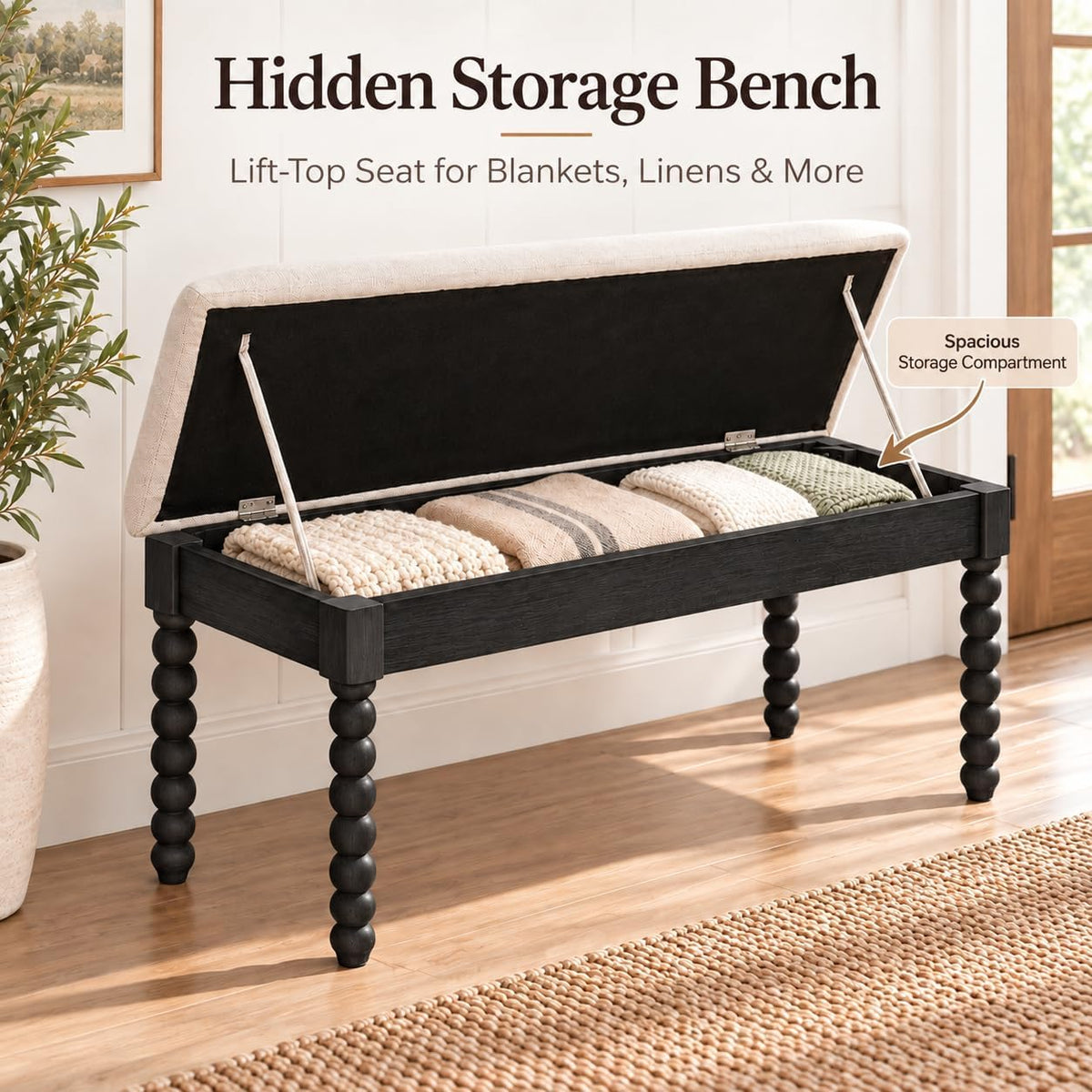 48" Black Upholstered Entry Storage Bench
