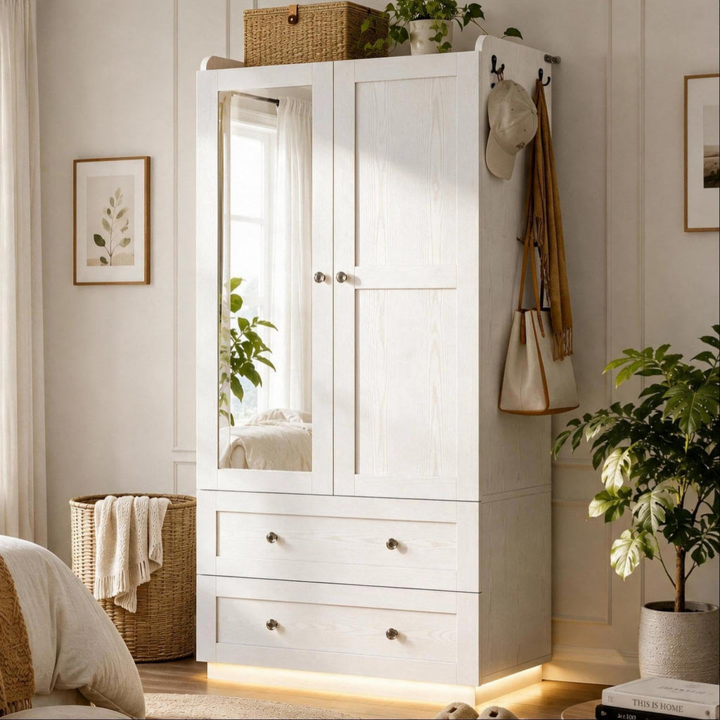 White Wardrobe with Mirror, Drawers & LED Lights