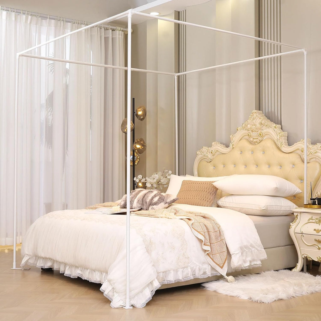 Queen White Metal Canopy Bed Frame