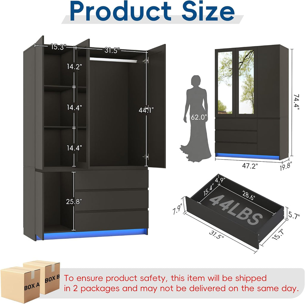 75" Black LED Wardrobe with 2 Mirrors & 3 Drawers