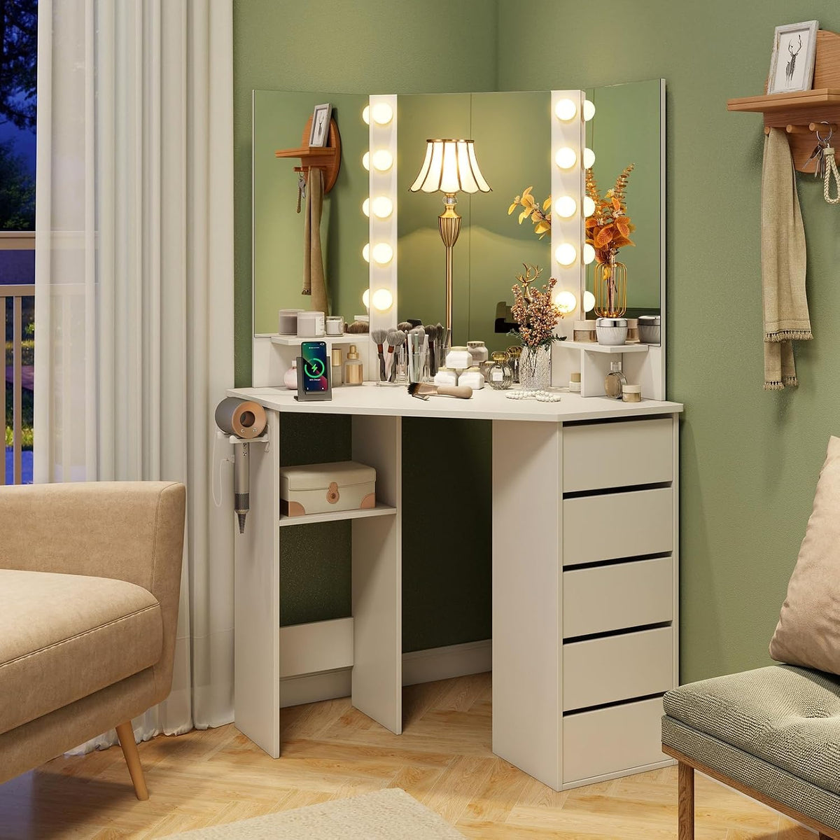 Compact Corner Lighted Vanity Desk, 5 Drawers