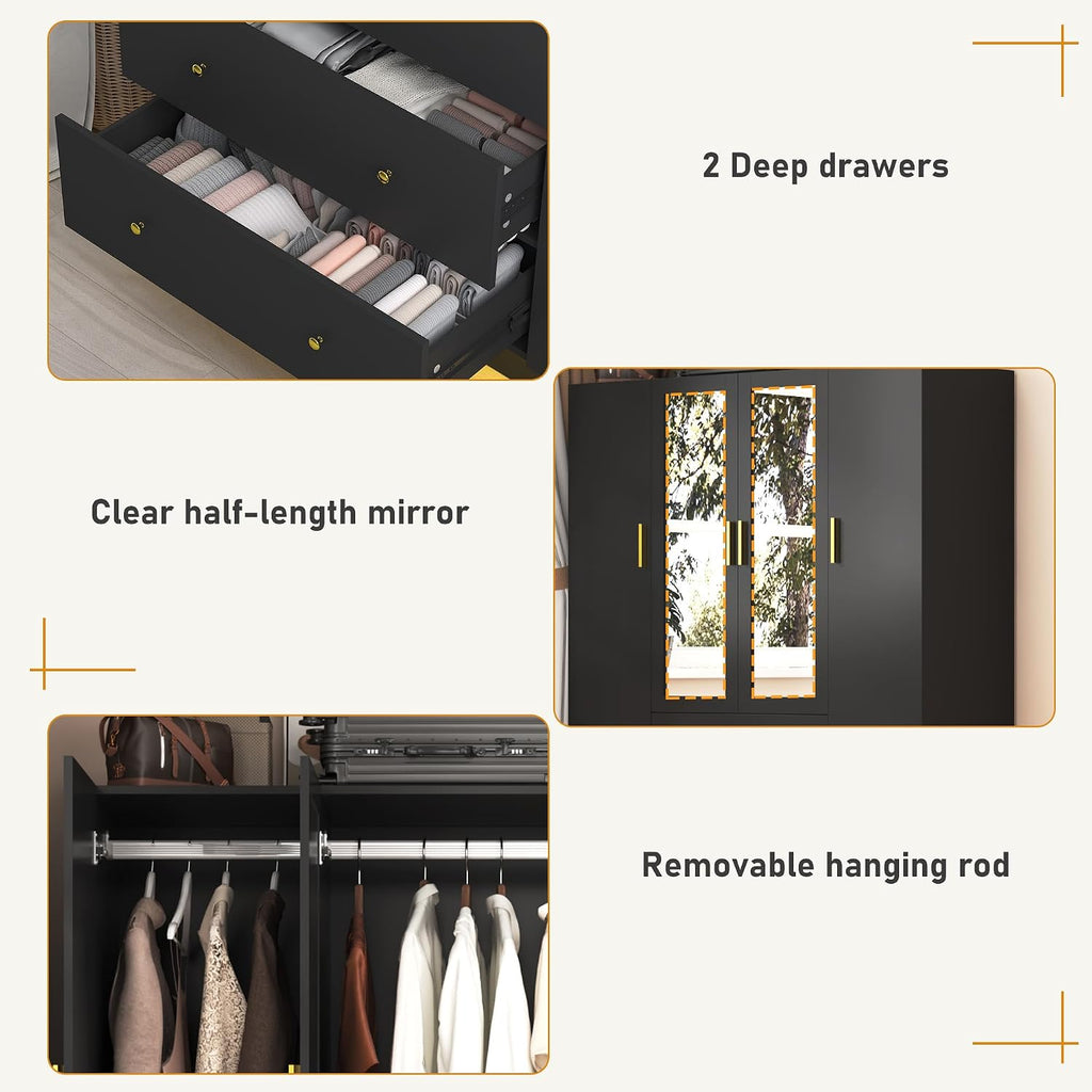 4‑Door Wardrobe with Mirror & LED Lights