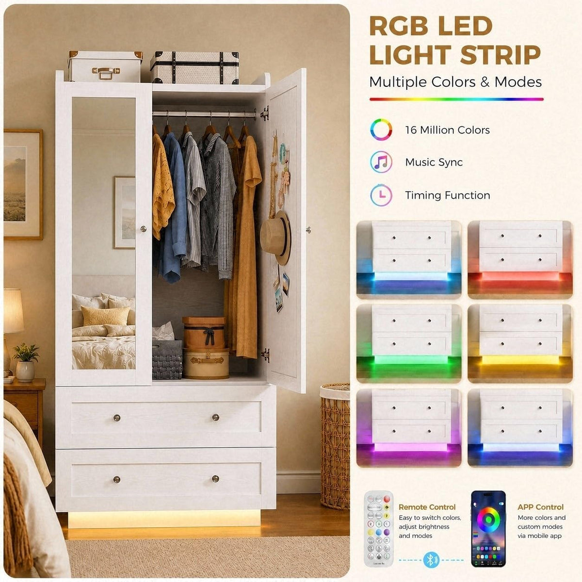 White Wardrobe with Mirror, Drawers & LED Lights