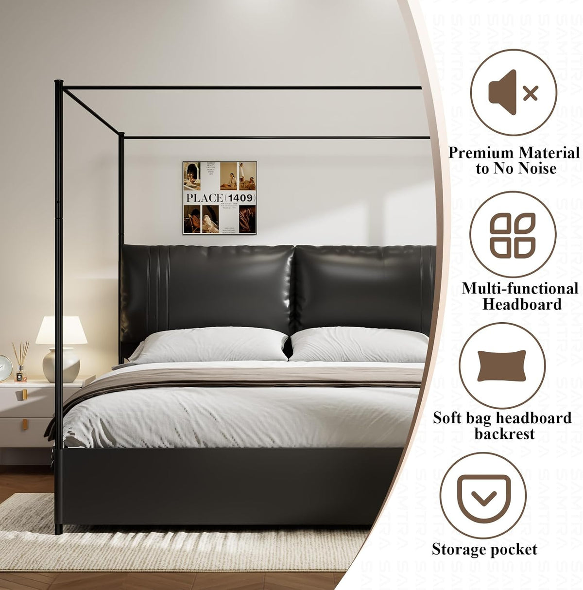 King Canopy Bed with Tall Faux Leather Headboard