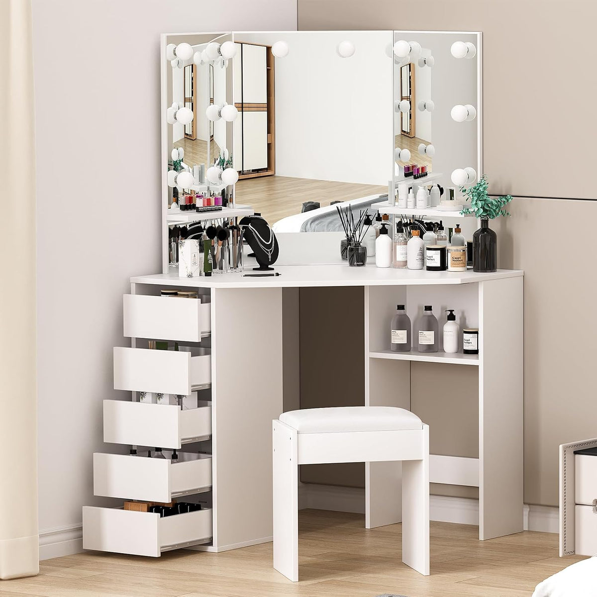 Corner Vanity & Bench, 3‑Folding Lighted Mirror