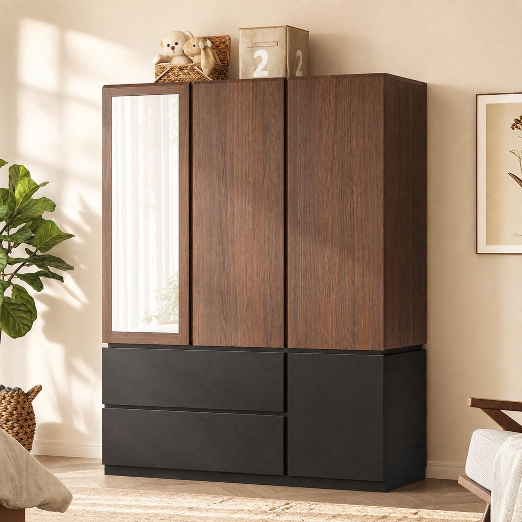 3‑Door Walnut & Black Wardrobe with Mirror & Drawers