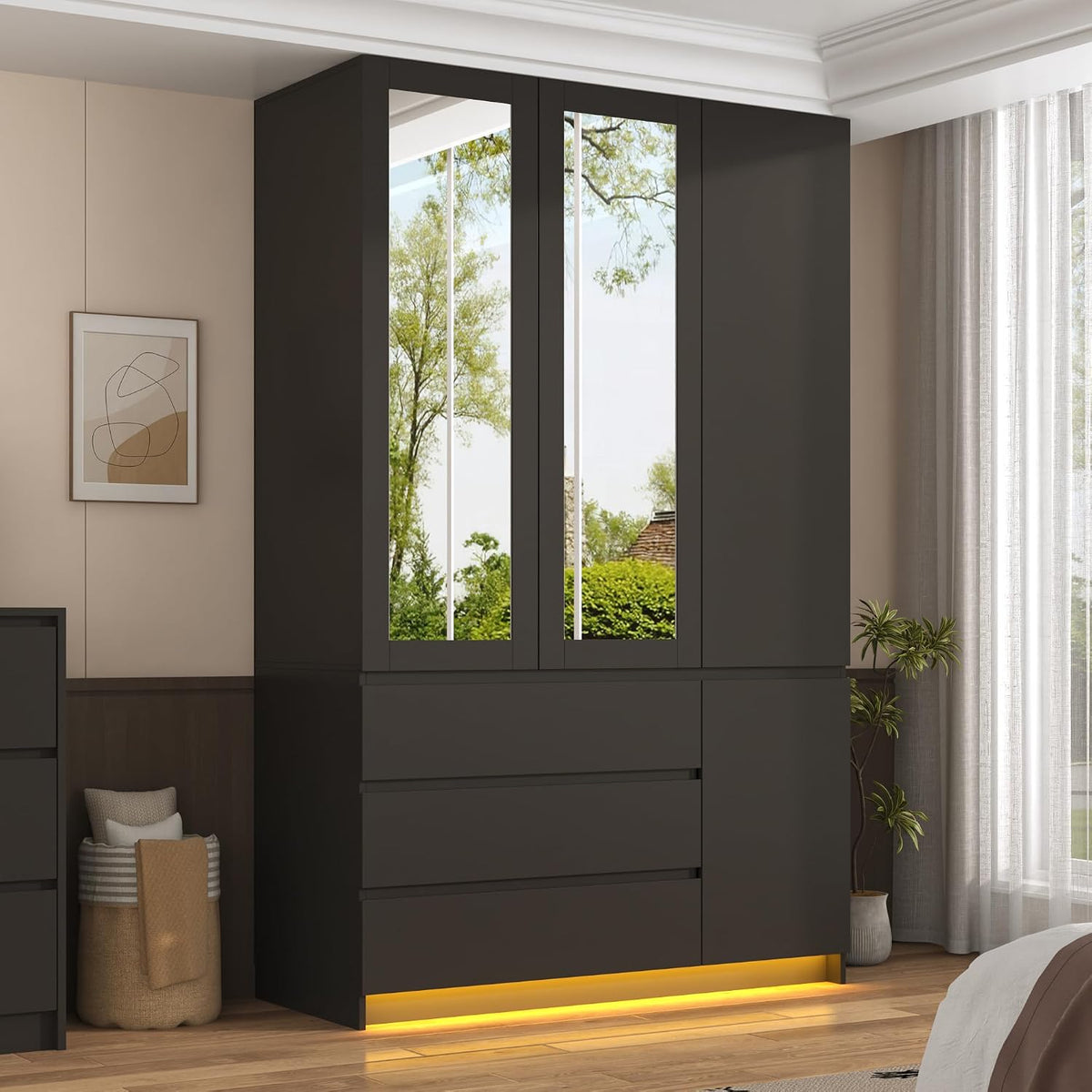 75" Black LED Wardrobe with 2 Mirrors & 3 Drawers