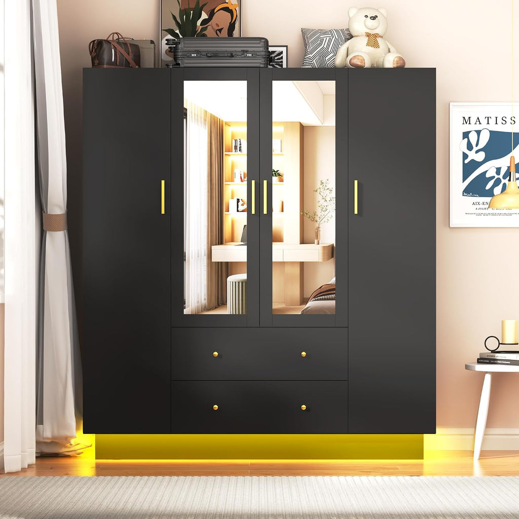 4‑Door Wardrobe with Mirror & LED Lights