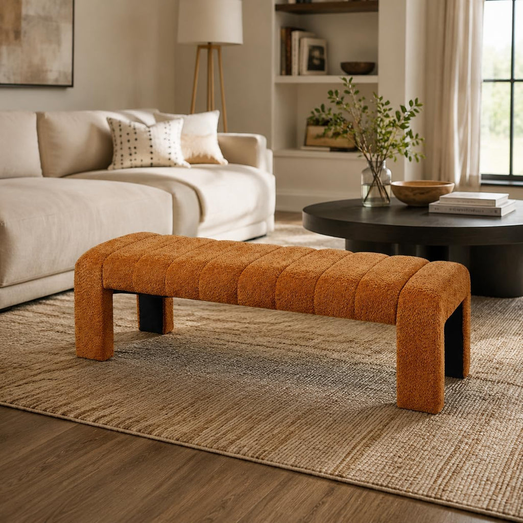 Orange Boucle Modern Entryway Bench