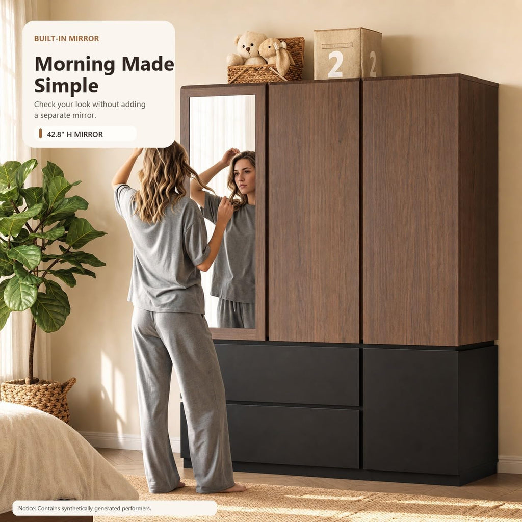 3‑Door Walnut & Black Wardrobe with Mirror & Drawers