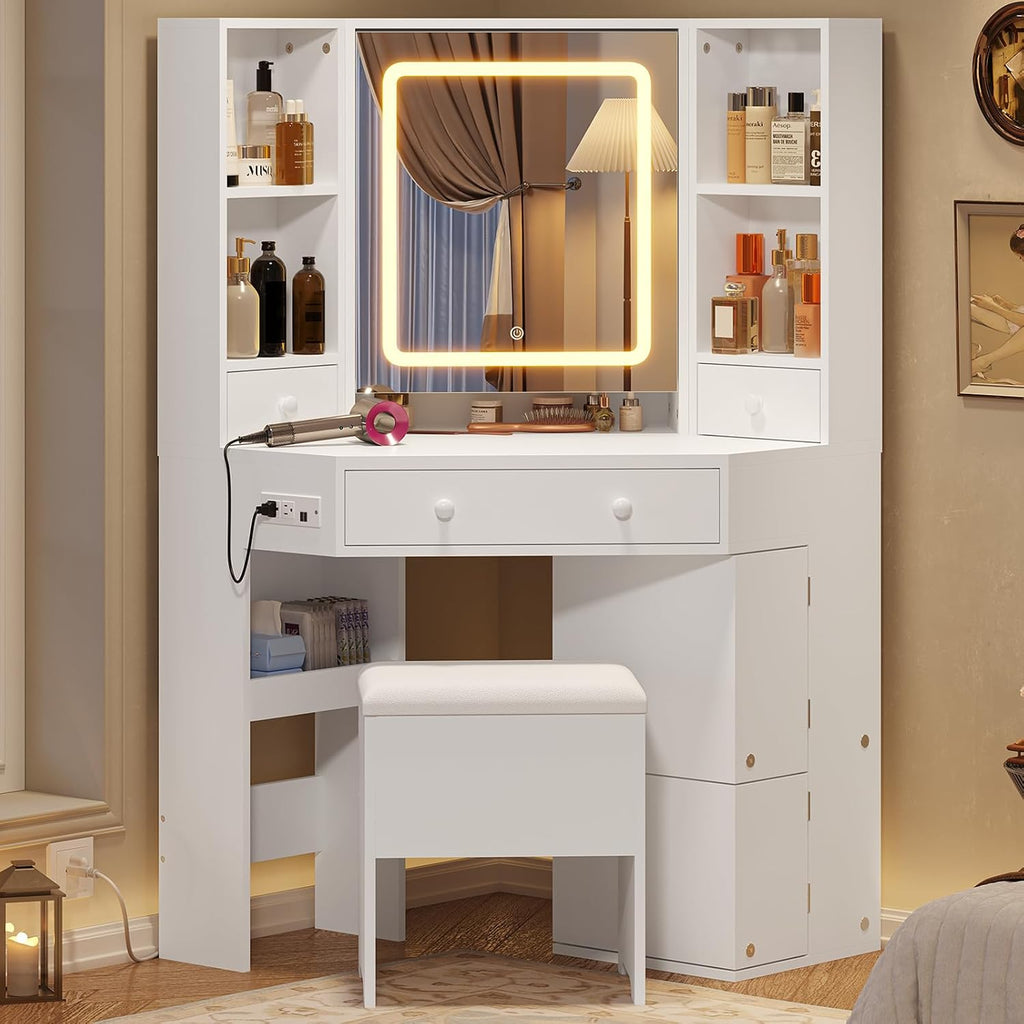 White Corner Lighted Vanity Desk With Stool