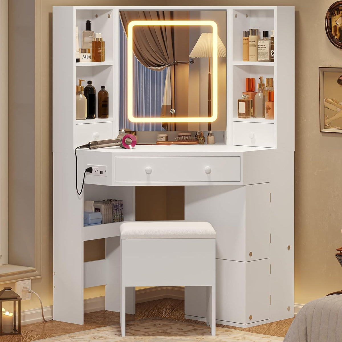 White Corner Lighted Vanity Desk With Stool
