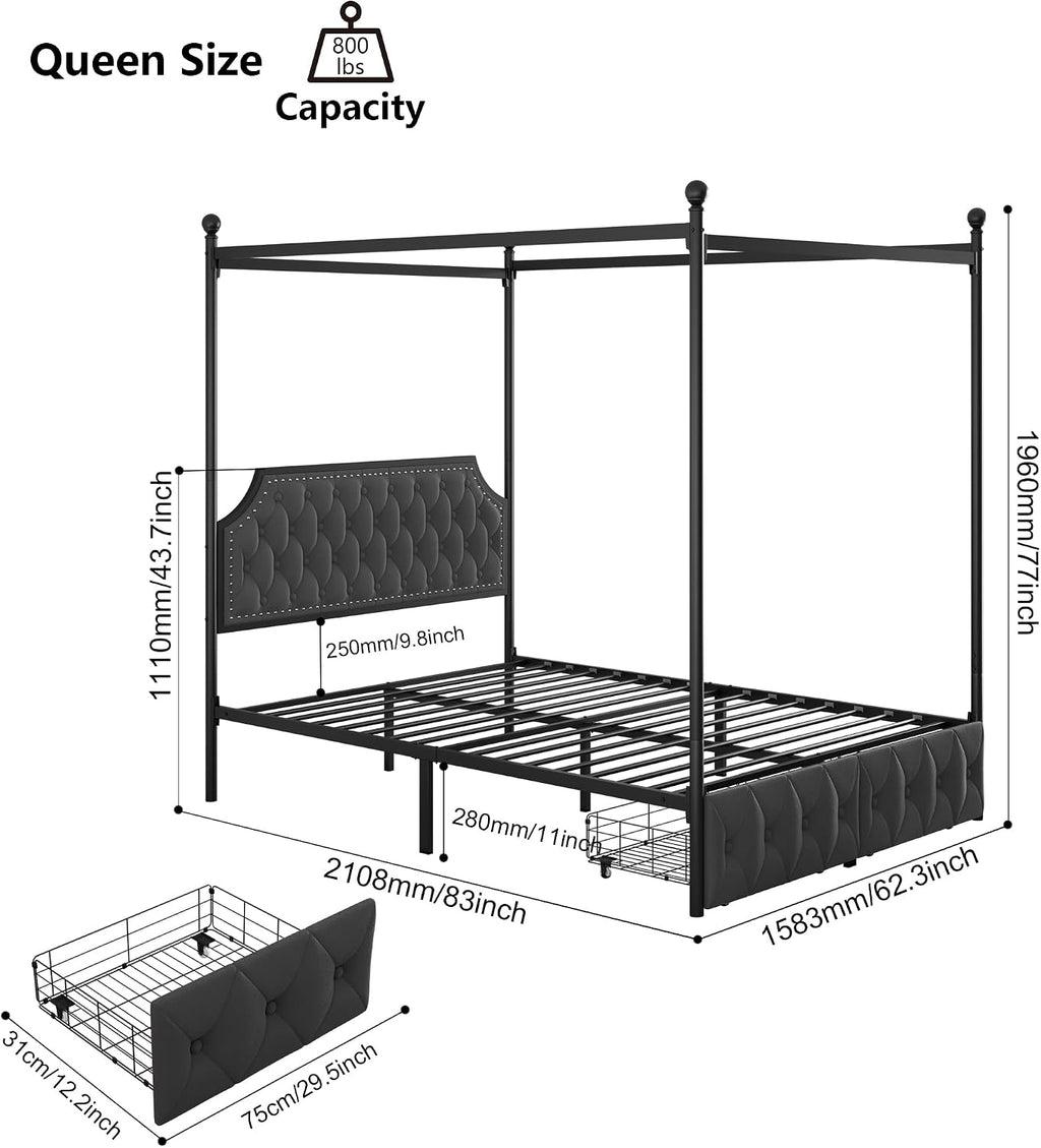 Queen Dark Grey Canopy Bed with 2 Storage Drawers