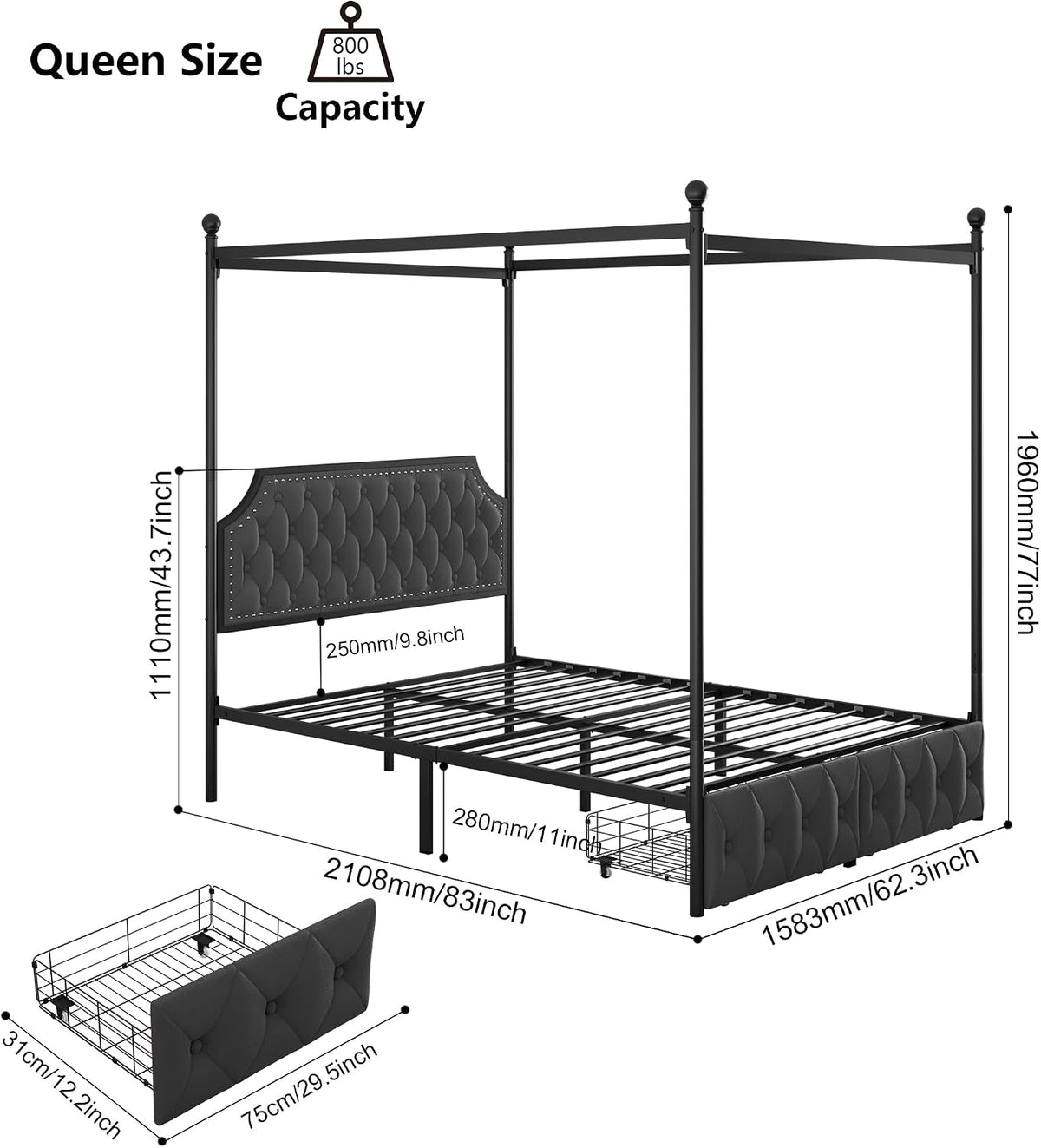 Queen Dark Grey Canopy Bed with 2 Storage Drawers