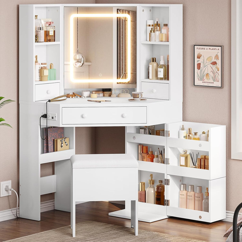 White Corner Lighted Vanity Desk With Stool