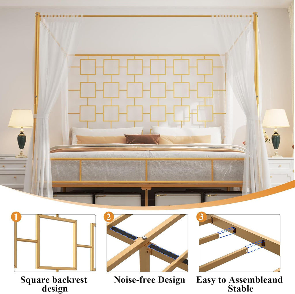 Queen Gold Metal Canopy Bed Frame