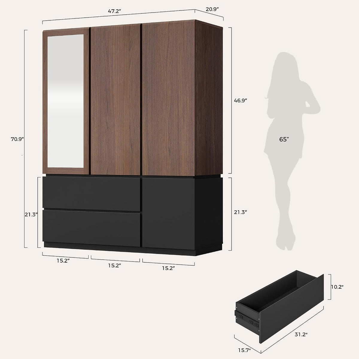 3‑Door Walnut & Black Wardrobe with Mirror & Drawers