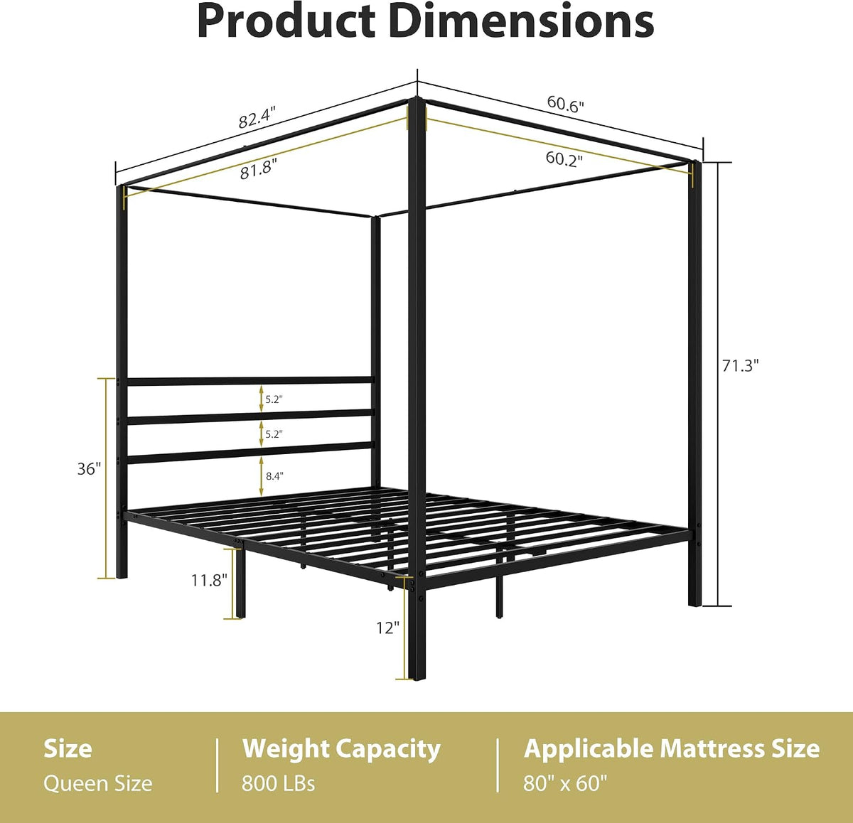 Queen Black 14" Metal Canopy Bed Frame