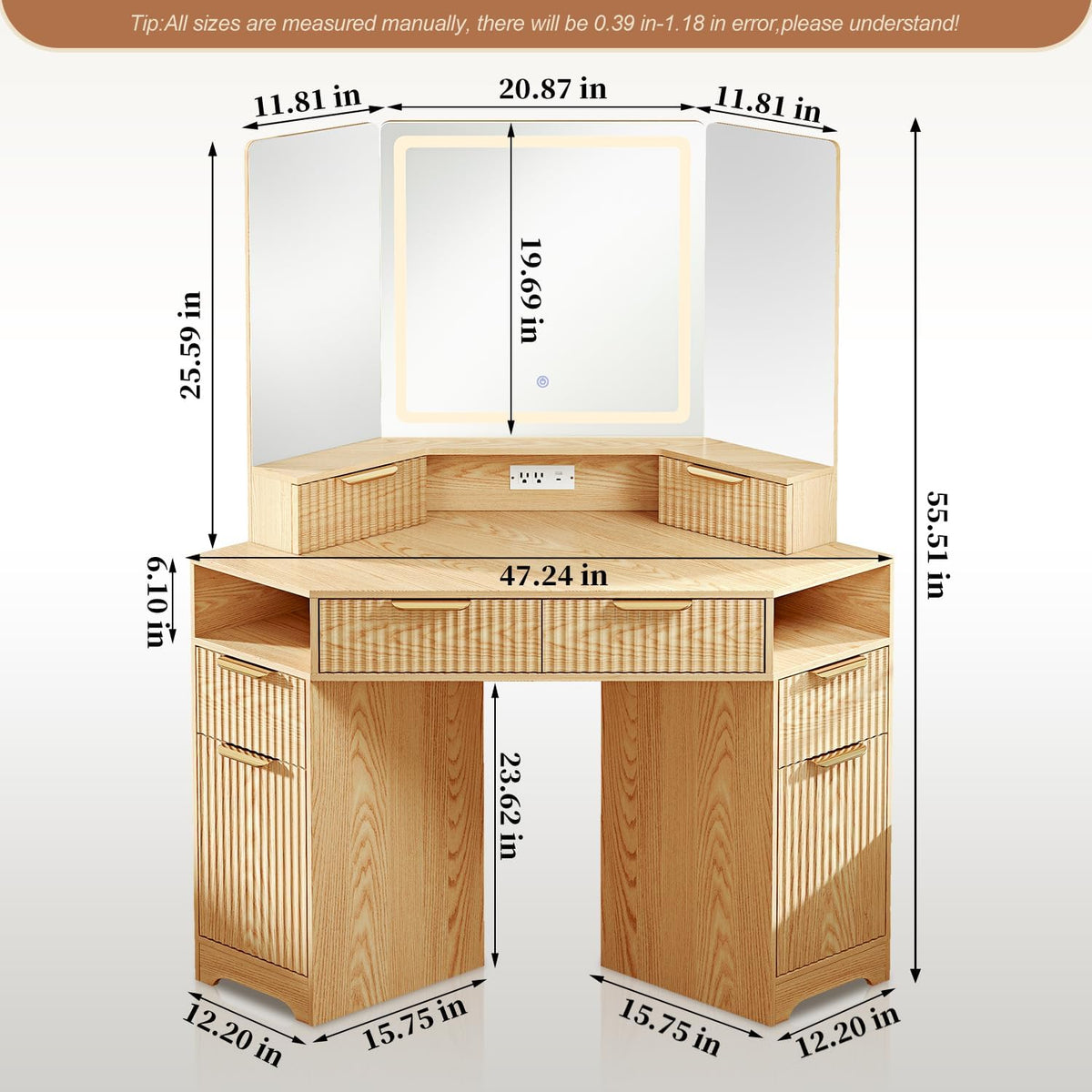 48" Oak Corner Vanity Desk With Lighted 3‑Way Mirror
